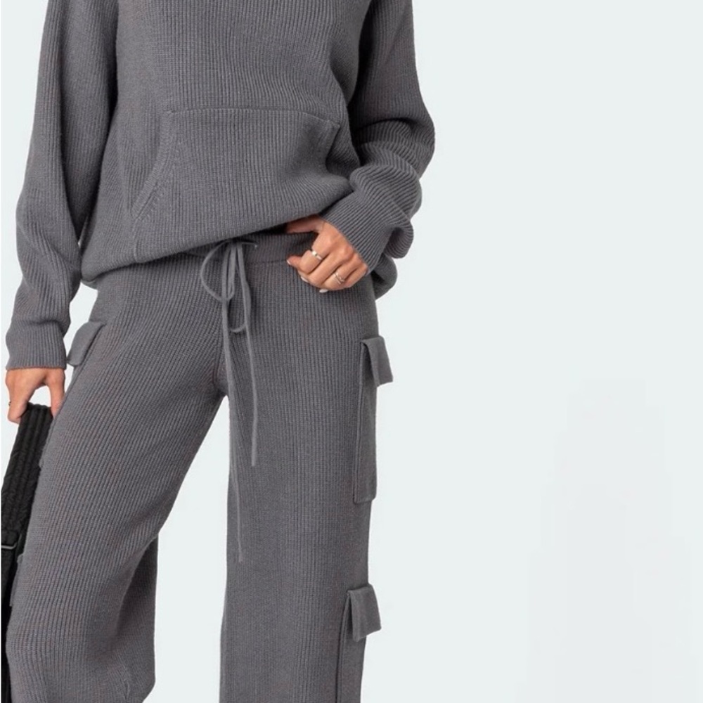 Edikted Charcoal Knit Hoodie and Wide Leg Sweatpants